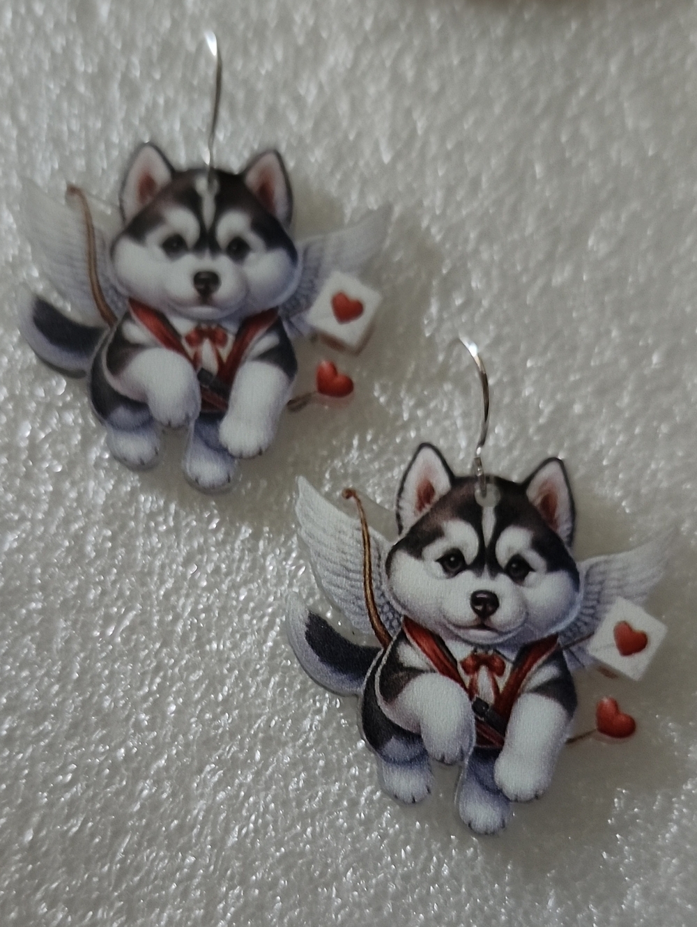 Hand Crafted Black White and Red Husky Angel Earrings